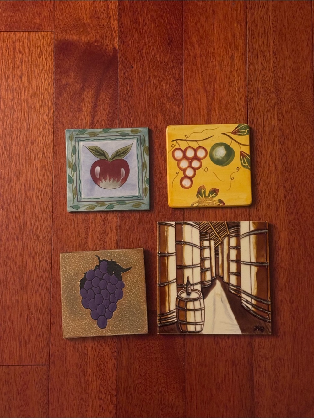 Hand-Painted Fruit and Vineyard Ceramic Wall Tiles - Set of 4